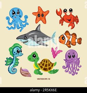 Vektorsatz von Meerestieren. Kraken, Krabben, Hai, Quallen, Seesterne, seepferdchen, Schildkröten, Fische. Cover, Grußkarten, Banner, Wanddekor. Stock Vektor