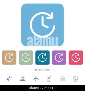 Kreisförmiger Vorwärtspfeil und weiße flache Symbole auf farbigen, abgerundeten quadratischen Hintergründen. 6 Bonussymbole enthalten Stock Vektor