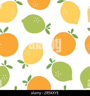Sommerhintergrund mit Orange, Zitrone und Limette. Zitrusfrüchte mit nahtlosem Muster. Vektordarstellung. Stock Vektor