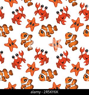 Clownfische, Krabben, Seesterne. Nahtloses Vektormuster im Marinethema. Deckblätter, Grußkarten, Banner, Geschenkpapier, Textilien, Kinderkleidung Stock Vektor
