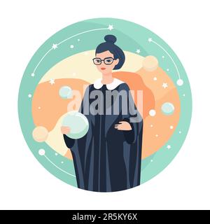 Weibliche Astrologe im Mantel. Schönheitsastrologie. Individuelles Horoskop. Analyse der Merkmale des Geburtsdatums. Flacher Stil Stock Vektor