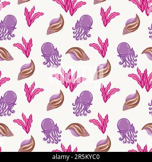 Muschel, Seetang, Quallen. Nahtloses Vektormuster im Marinethema. Deckblätter, Grußkarten, Banner, Geschenkpapier, Textilien, Kinderkleidung Stock Vektor