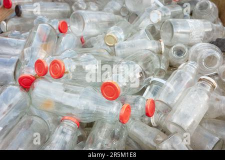 Gebrauchte leere Glasflaschen werden für Recycling gelagert, selektiver Fokus. Stockfoto