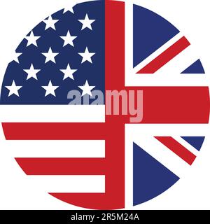 USA- und UK-Flaggen kombiniert symbolkreisvektor in englischer Sprache isoliert auf weißem Hintergrund Stock Vektor