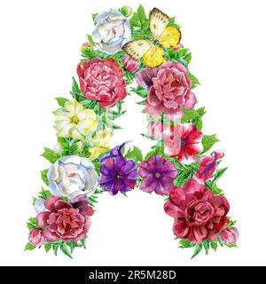 Aquarelle Blumen, isoliert handgezeichnet, Hochzeitsdesign, kyrillisches russisches Alphabet 1 Stockfoto