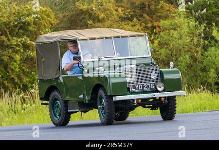 Stony Stratford, Großbritannien - Juni 4. 2023: 1950 grüner LAND ROVER 1-Oldtimer, der auf einer englischen Landstraße fährt. Stockfoto