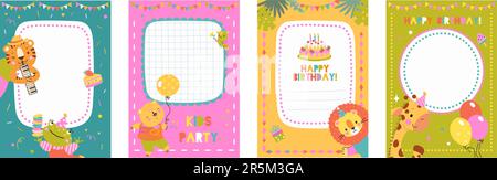 Kinder Geburtstagseinladungs-Partyrahmen. Niedliche festliche Tiere und Dekorationselemente. Karten mit Platz für Text, heutzutage Cartoon-Vektorvorlagen Stock Vektor