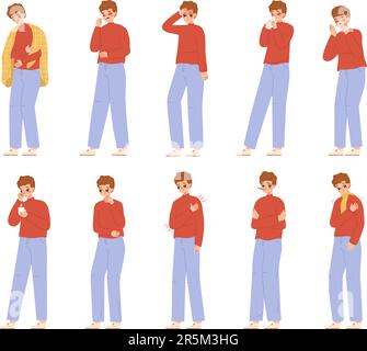 Person krank, Mann hat Fieber, Husten und Körperschmerzen. Influenza oder Viruserkrankung, isolierte Cartoon-kranke Studentin oder Teenager. Eng anliegendes Vektorzeichen Stock Vektor