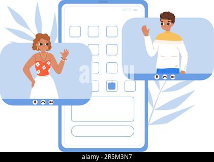 Videokonferenz, Dating oder Anruf für die Familie. Teenager kommunizieren mit dem Smartphone. Moderne Beziehungen, Freundschaft oder Arbeitsvektorkonzept Stock Vektor