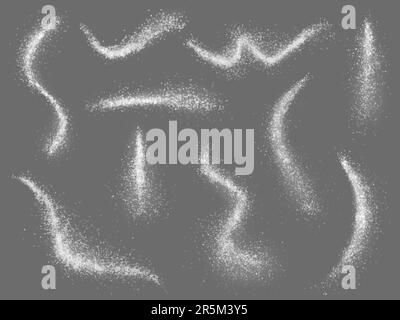 Streut Salz oder Zucker, weiße, realistische Kristalle mineralisch. Gesiebter Mehlstaub, Schneegranulat. Kreide oder Backpulver, verstreuter, feiner Vektor Stock Vektor