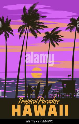 Hawaii Vintage Travel Poster. Surfer am Strand bei Sonnenuntergang, Stock Vektor