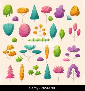 Flacher Baum. Garten natürliche Blumenkollektion von Wettersymbolen Neue Vektorbäume Busch Minimalismus Stil Stock Vektor