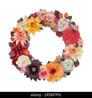 Blumenkranz. Wunderschöner Kranz mit vielen verschiedenen Blumen. Vektordarstellung Stock Vektor