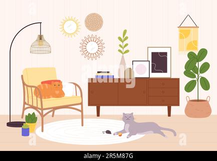 Katze im Wohnzimmer. Inneneinrichtung mit stilvollen Möbeln, Sessel und Pflanzen. Zu Hause ruhende Katzen, Retro-Design mit faulen Haustieren, Rutschvektorszene Stock Vektor