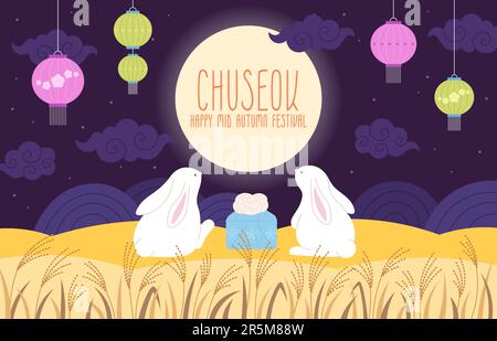 Chuseok-Poster, nachtkarte für das koreanische japanische Feiertagsfestival mit niedlichem Kaninchen und Mond. Asiatisch gefeiert, orientalisches Reizvektor-Cartoon-Banner Stock Vektor