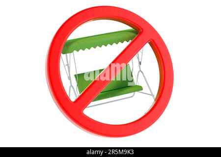 Gartenschaukel mit Überdachung mit Verbotssymbol, 3D-Darstellung isoliert auf weißem Hintergrund Stockfoto