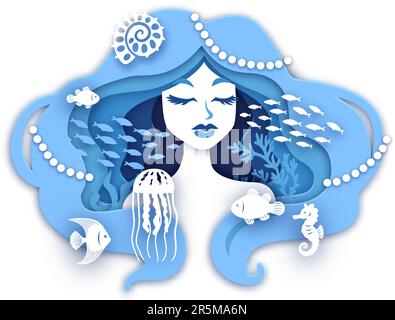 Mermaid Papierporträt. Wunderschönes Frauengesicht mit Wellen Meerjungfrauen Haar, Unterwasser-Prinzessin Mädchen Papercut 3D Kunstmodell für Beauty Postkarten Design geniale Vektorzeichnung Stock Vektor