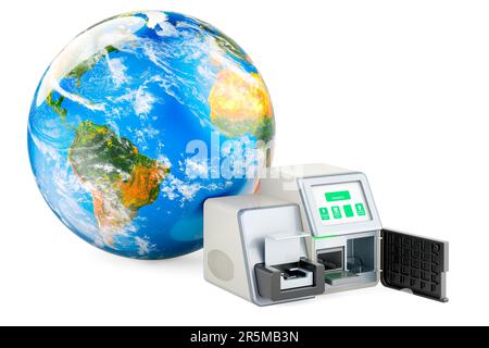 DNA-Sequenzer mit Earth Globe. 3D-Rendering auf weißem Hintergrund isoliert Stockfoto