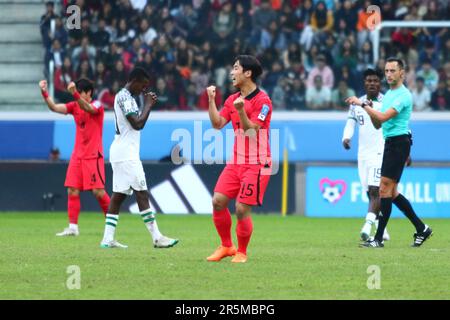 Santiago del Estero, Argentinien. 4. Juni 2023. Spieler aus Südkorea feiern die Klassifikation zum Halbfinale der FIFA-Weltmeisterschaft U20 im Madres de Ciudades Stadium ( Kredit: Néstor J. Beremblum/Alamy Live News Stockfoto