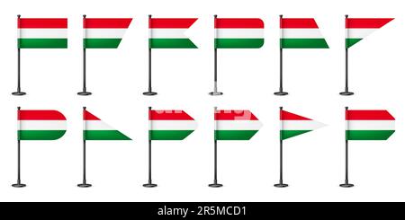 Realistische ungarische Tischfahnen auf einer schwarzen Stahlstange. Ein Souvenir aus Ungarn. Schreibtischfahne aus Papier oder Stoff, glänzender Metallständer. Modell für Stock Vektor