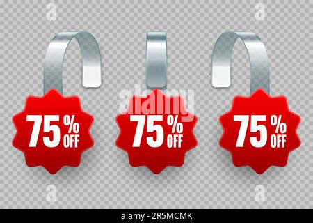 Sonderwobbler im Supermarkt. Realistische rote Taumelschschvorlage für Regalwerbung, 75 % Rabatt. Verkaufsetikett mit Anzeigentext. Besonders Stock Vektor
