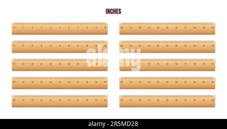 Realistische verschiedene Holzlineale mit Messskala und Teilungen messen Markierungen. Schullineal, Zentimeter- und Zoll-Skala für Längenmessungen Stock Vektor