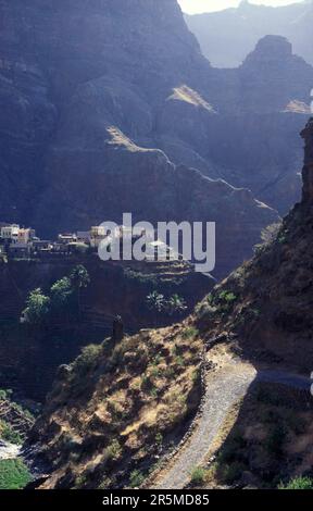 Die Landschaft im Dorf Fontainhas in der Nähe der Stadt Ponta do Sol auf der Insel Santo Antao auf den Kap-verdischen Inseln in Afrika. Kap Verde Stockfoto