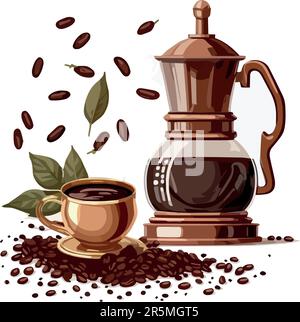 Set mit Kaffeebohnen, Kaffeemühlen und Tasse. Stock Vektor