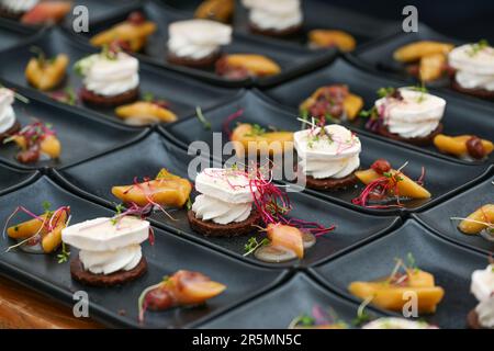 Viele zubereitete Vorspeisen mit Fetakäse und Rhabarber mit Sprossengarnierung auf schwarzen Tellern für ein festliches Gourmetmenü, ausgewählter Fokus, eng Stockfoto