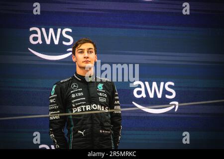 Montmelo, Spanien. 4. Juni 2023. GEORGE RUSSEL (GBR) vom Team Mercedes auf dem Podium des Circuit de Barcelona Kredit: Matthias Oesterle/Alamy Live News Stockfoto