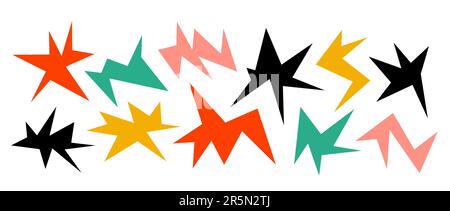 Farbenfrohe, scharfe, unregelmäßige Formen. Abstrakte geometrische „Edgy Elements“-Kollektion. Asymmetrische Winkelformen für Banner, Collagen, Poster, Aufkleber. Konstruktions-Bundle-Vektor. Stock Vektor