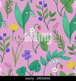 Nahtloses Muster mit wilden Waldpflanzen, Blumen und Beeren. Stilisiertes Kritzelzeichnen von Kräutern. Handgezeichnete farbenfrohe Illustration Stock Vektor