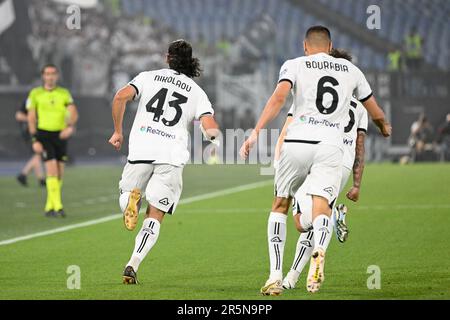 Stadio Olimpico, Rom, Italien. 4. Juni 2023. Serie A Fußball; Rom gegen Spezia; Dimitris Nikolaou feiert, nachdem er in der 6.-minütigen Ausgabe das Tor für 0-1 erzielt hat. Credit: Action Plus Sports/Alamy Live News Stockfoto