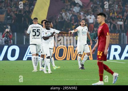 Stadio Olimpico, Rom, Italien. 4. Juni 2023. Serie A Fußball; Rom gegen Spezia; Dimitris Nikolaou feiert, nachdem er in der 6.-minütigen Ausgabe das Tor für 0-1 erzielt hat. Credit: Action Plus Sports/Alamy Live News Stockfoto