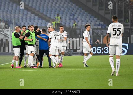 Stadio Olimpico, Rom, Italien. 4. Juni 2023. Serie A Fußball; Rom gegen Spezia; Dimitris Nikolaou feiert, nachdem er in der 6.-minütigen Ausgabe das Tor für 0-1 erzielt hat. Credit: Action Plus Sports/Alamy Live News Stockfoto