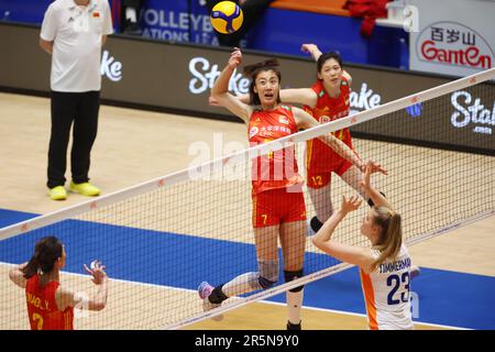 Nippongaishi Hall, Aichi, Japan. 3. Juni 2023. Wang Yuanyuan (CHN), 3. JUNI 2023 - Volleyball : FIVB Volleyball Nations League 2023 Women's Preliminary Round between China - Netherlands in Nippongaishi Hall, Aichi, Japan. Kredit: YUTAKA/AFLO SPORT/Alamy Live News Stockfoto