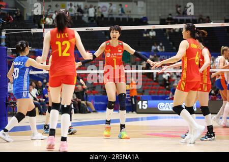 Nippongaishi Hall, Aichi, Japan. 3. Juni 2023. China Team Group, 3. JUNI 2023 - Volleyball : FIVB Volleyball Nations League 2023 Women's Preliminary Round between China - Netherlands in Nippongaishi Hall, Aichi, Japan. Kredit: YUTAKA/AFLO SPORT/Alamy Live News Stockfoto