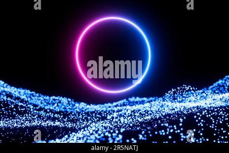 Abstrakte leuchtende Partikel und Neonlicht, 3D-Rendering. Digitale Zeichnung. Stockfoto