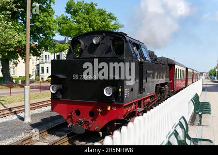 Der historische Passagierzug Bäderbahn Molli im Bahnhof Bad Doberan an der deutschen Ostsee Stockfoto