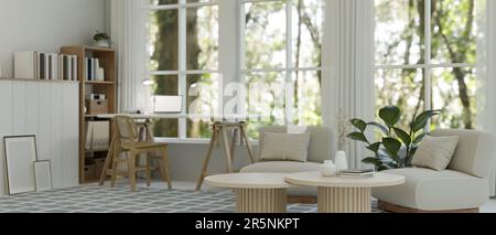 Innendesign eines minimalistischen skandinavischen Wohnzimmers mit komfortablem Sofa, minimalem Couchtisch, Arbeitsplatz und Wohndekor. 3D Rendern, 3D illu Stockfoto