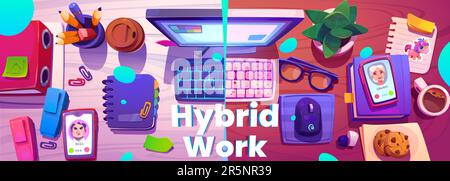 Hybrides Arbeitskonzept, Draufsicht. Vektorgrafik eines Schreibtischs mit Computer, Smartphone, Notizblock, Ordner mit Dokumenten, Kaffee und Snacks. Kombination von Arbeit im Büro und von zu Hause Stock Vektor