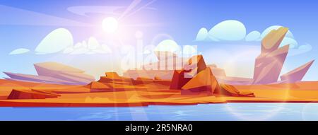 Der Fluss fließt durch die Sahara-Wüste. Vektor-Cartoon-Darstellung von heißen Sanddünen, Felsen auf leerem Ufer, Berge in der Nähe fließenden Wassers, Sonnenlicht in der Luft, blauer Himmel mit weißen Wolken Stock Vektor