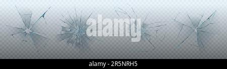 Realistische Gruppe von Glasrissen, isoliert auf transparentem Hintergrund. Vektordarstellung von zerbrochenem Fenster, Monitoranzeige, Gadget-Bildschirm, Windschutzscheibe des Autos, Schusseffekt. Konstruktionselemente für Unfälle Stock Vektor
