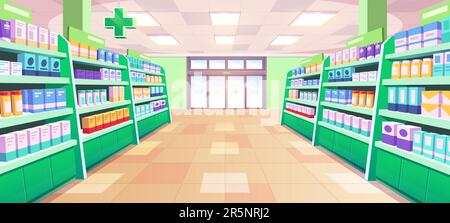 Medizinische Apotheke Innenvektordarstellung. Apotheken-Cartoon-Regale mit Medizinprodukt im Krankenhaus. Pharmazeutische Verkaufswaren Vitaminverpackungen präsentieren sich mit niemandem Stock Vektor