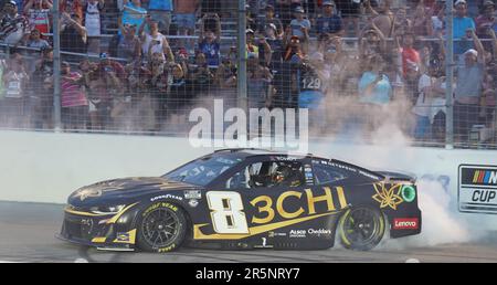 Madison, Usa. 04. Juni 2023. Der Fahrer Kyle Busch hat das NASCAR-Rennen 300 auf dem World Wide Technology Raceway in Madison Illinois am Sonntag, den 4. Juni 2023, gewonnen und ist für Fans wie geschaffen. Foto: Bill Gutweiler/UPI Credit: UPI/Alamy Live News Stockfoto