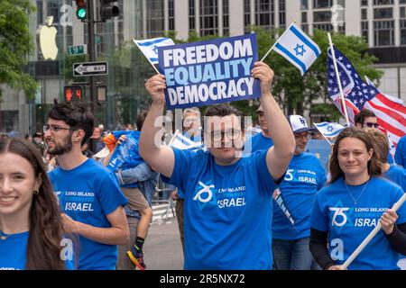 NEW YORK, NEW YORK - 04. JUNI: Teilnehmer hält DAS Zeichen DER FREIHEIT EQUAILTY DEMOKRATIE und protestiert gegen den Druck der Regierung auf eine Justizreform während der Celebrate Israel Parade am 4. Juni 2023 in New York City. (Foto von Ron Adar / SOPA Images/Sipa USA) Stockfoto