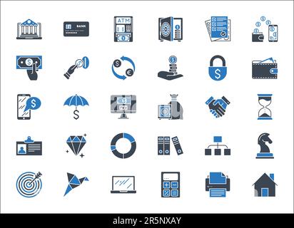 Vektorsymbole für Unternehmen, Banken und Finanzen setzen die Glyphe blau. Symbole für Unternehmen, Management, Finanzen, Strategie, Bankwesen, Marketing und Buchhaltung für Mo Stock Vektor