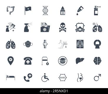 Medizinische Vektorsymbole Gesetzt. Glyphensymbole, Zeichen und Symbole in Solid Design. Medizin, Gesundheitswesen und Coronavirus-COVID-19-Pandemie. Mobile Konzepte und Stock Vektor