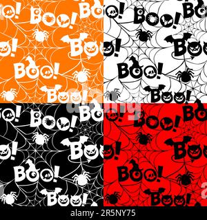 Stelle ein nahtloses Muster mit Text Boo, Spinnennetz, Augen, Schädel ein. Flaches Design. Einfache halloween-Symbole Stock Vektor