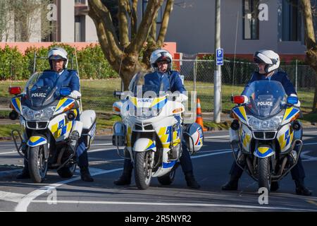 Neuseeländische Polizei Motorradfahrer. Stockfoto